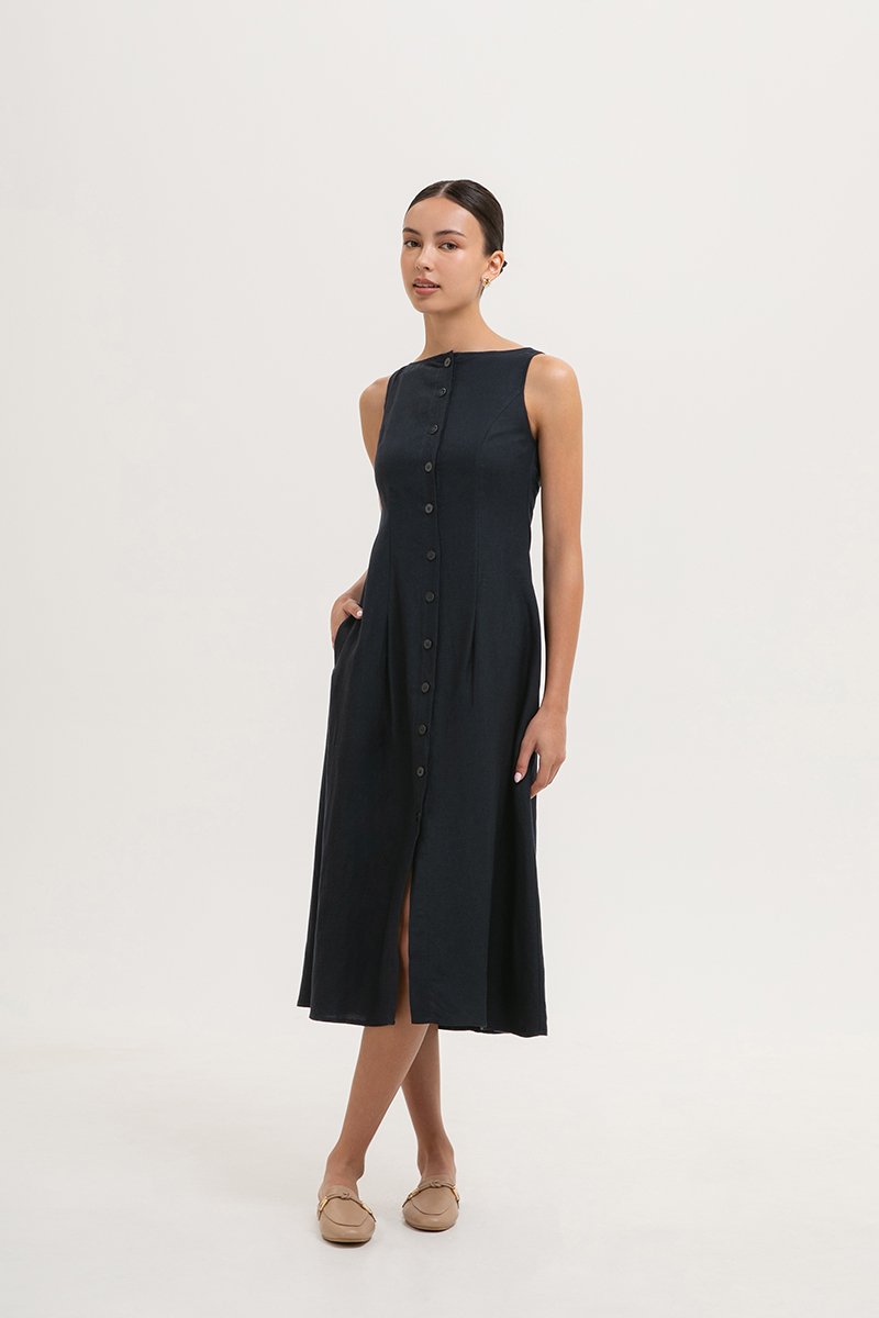 CLAUDINE BUTTON DOWN LINEN MIDI DRESS