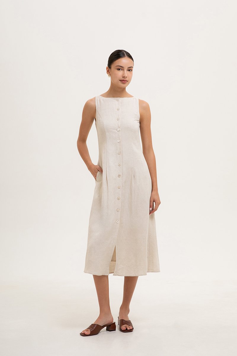 CLAUDINE BUTTON DOWN LINEN MIDI DRESS