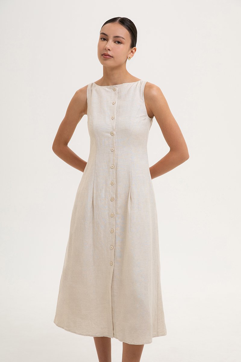 CLAUDINE BUTTON DOWN LINEN MIDI DRESS