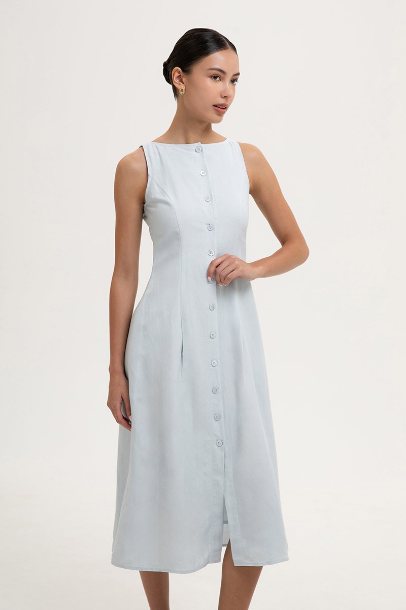 CLAUDINE BUTTON DOWN LINEN MIDI DRESS