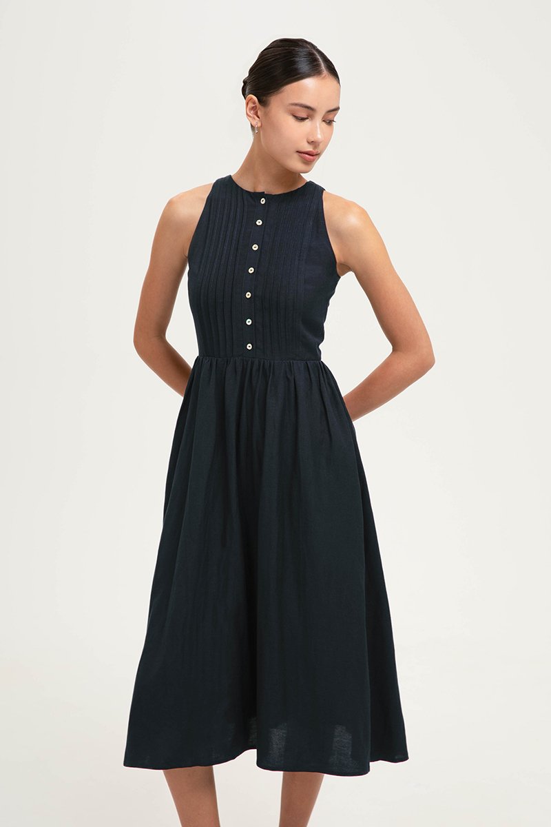 GISELLE BUTTONDOWN PLEATED LINEN MIDI DRESS GISELLE BUTTONDOWN PLEATED LINEN MIDI DRESS