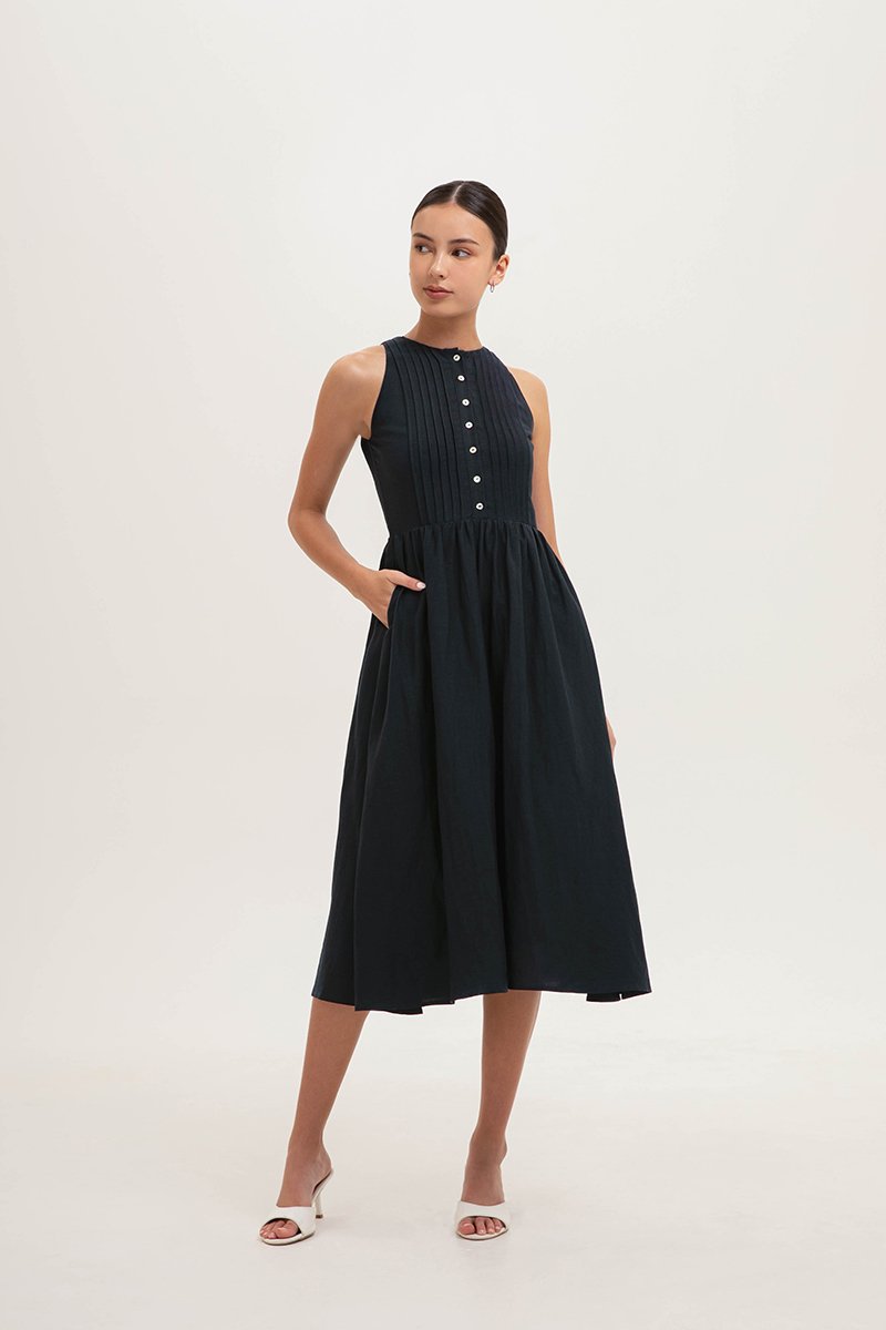 GISELLE BUTTONDOWN PLEATED LINEN MIDI DRESS GISELLE BUTTONDOWN PLEATED LINEN MIDI DRESS