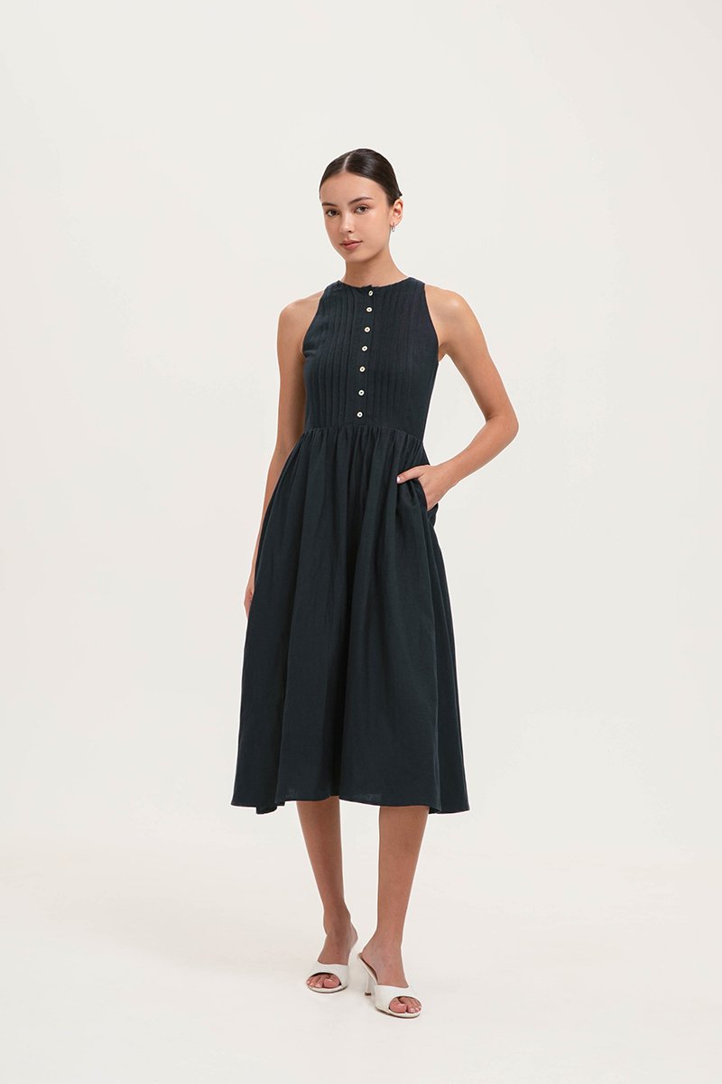 GISELLE BUTTONDOWN PLEATED LINEN MIDI DRESS GISELLE BUTTONDOWN PLEATED LINEN MIDI DRESS