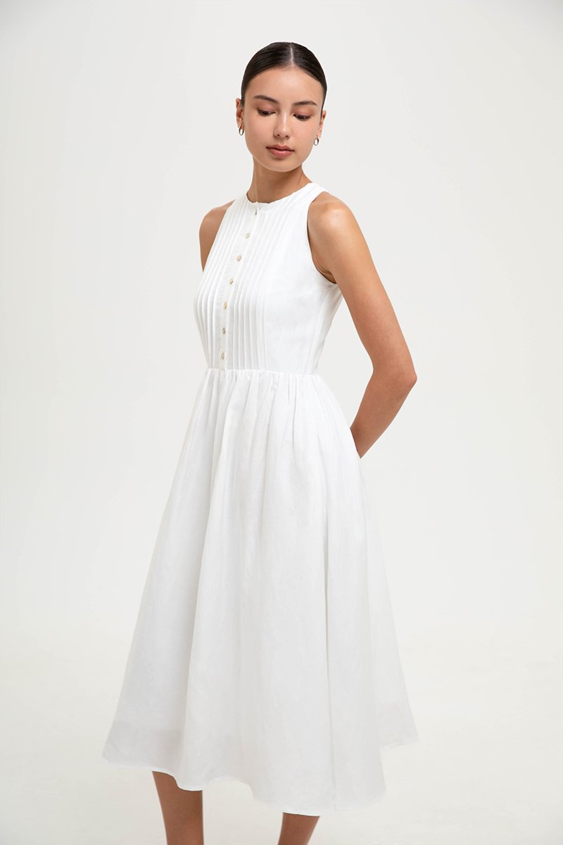 GISELLE BUTTONDOWN PLEATED LINEN MIDI DRESS GISELLE BUTTONDOWN PLEATED LINEN MIDI DRESS