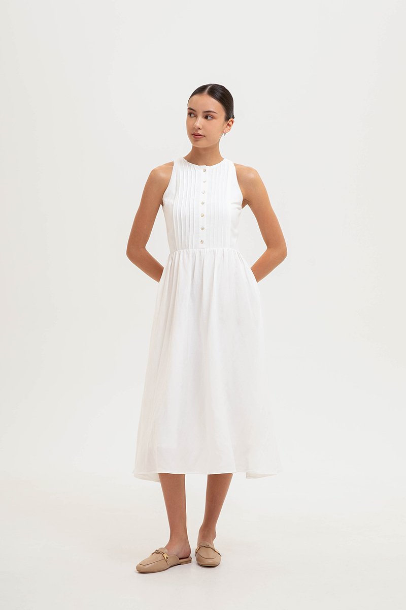 GISELLE BUTTONDOWN PLEATED LINEN MIDI DRESS GISELLE BUTTONDOWN PLEATED LINEN MIDI DRESS