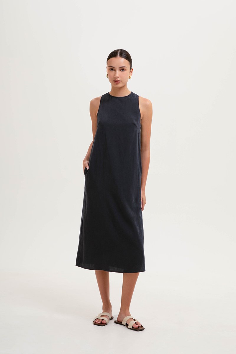 AYSHA BACK TWIST LINEN MIDI DRESS