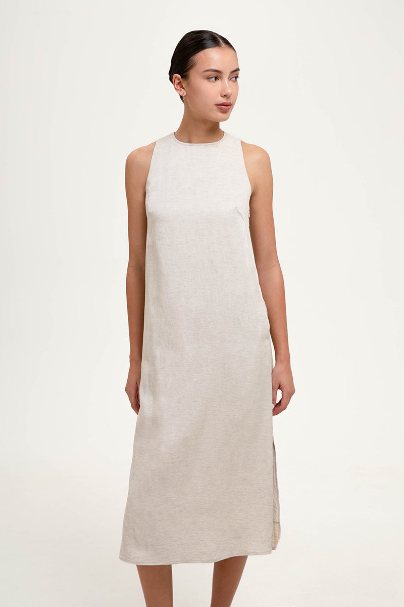 AYSHA BACK TWIST LINEN MIDI DRESS