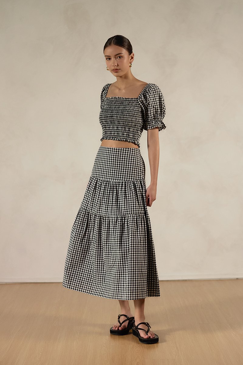 TARRA GINGHAM TIERED MIDI SKIRT