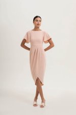 ALMEDA FLUTTER SLEEVED TULIP WRAP MIDI DRESS