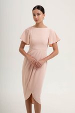 ALMEDA FLUTTER SLEEVED TULIP WRAP MIDI DRESS