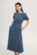 ABA PUFF SLEEVE ELASTIC TENCEL DRESS