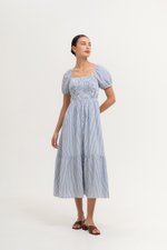 DIARA STRIPED PUFF SLEEVED SMOCKED MIDI DRESS