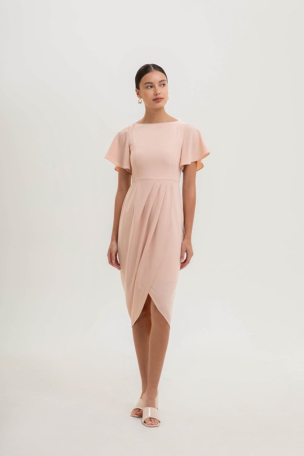 ALMEDA FLUTTER SLEEVED TULIP WRAP MIDI DRESS