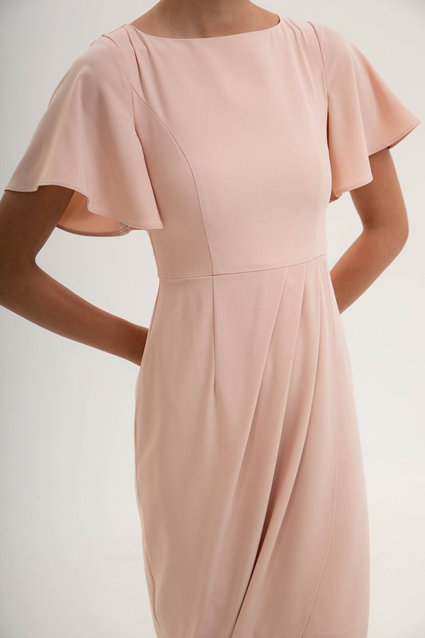 ALMEDA FLUTTER SLEEVED TULIP WRAP MIDI DRESS