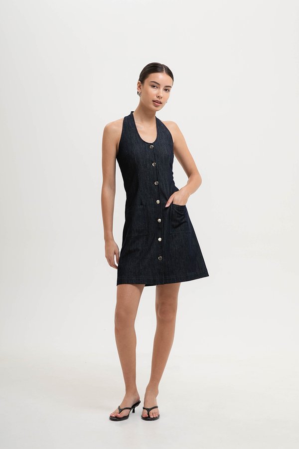 MARSHA HALTER DENIM MINI DRESS