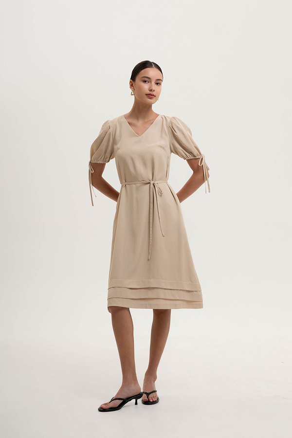 URSA V NECK TIE SLEEVES MIDI DRESS W SASH