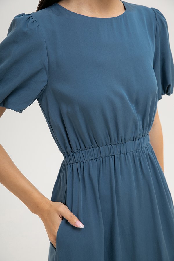 ABA PUFF SLEEVE ELASTIC TENCEL DRESS
