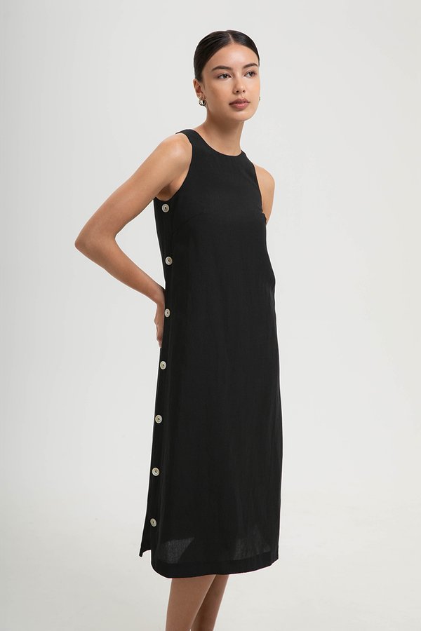 BRYNNA COLUMN LINEN DRESS W SIDE BUTTONS