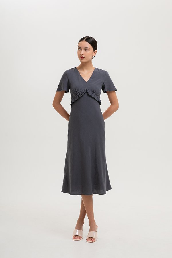JENNY RUFFLE LINEN MIDI DRESS