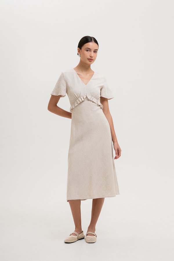 JENNY RUFFLE LINEN MIDI DRESS