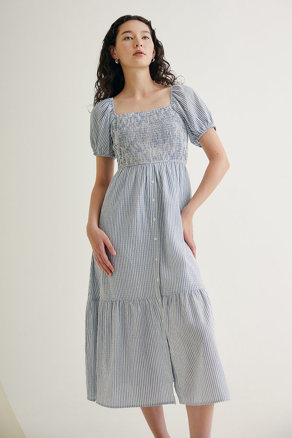 DIARA STRIPED PUFF SLEEVED SMOCKED MIDI DRESS