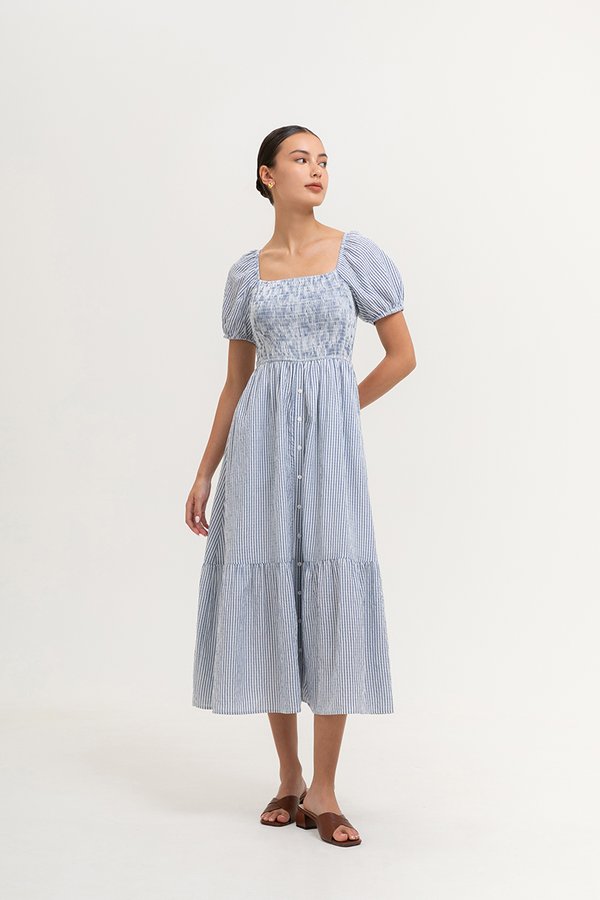 DIARA STRIPED PUFF SLEEVED SMOCKED MIDI DRESS