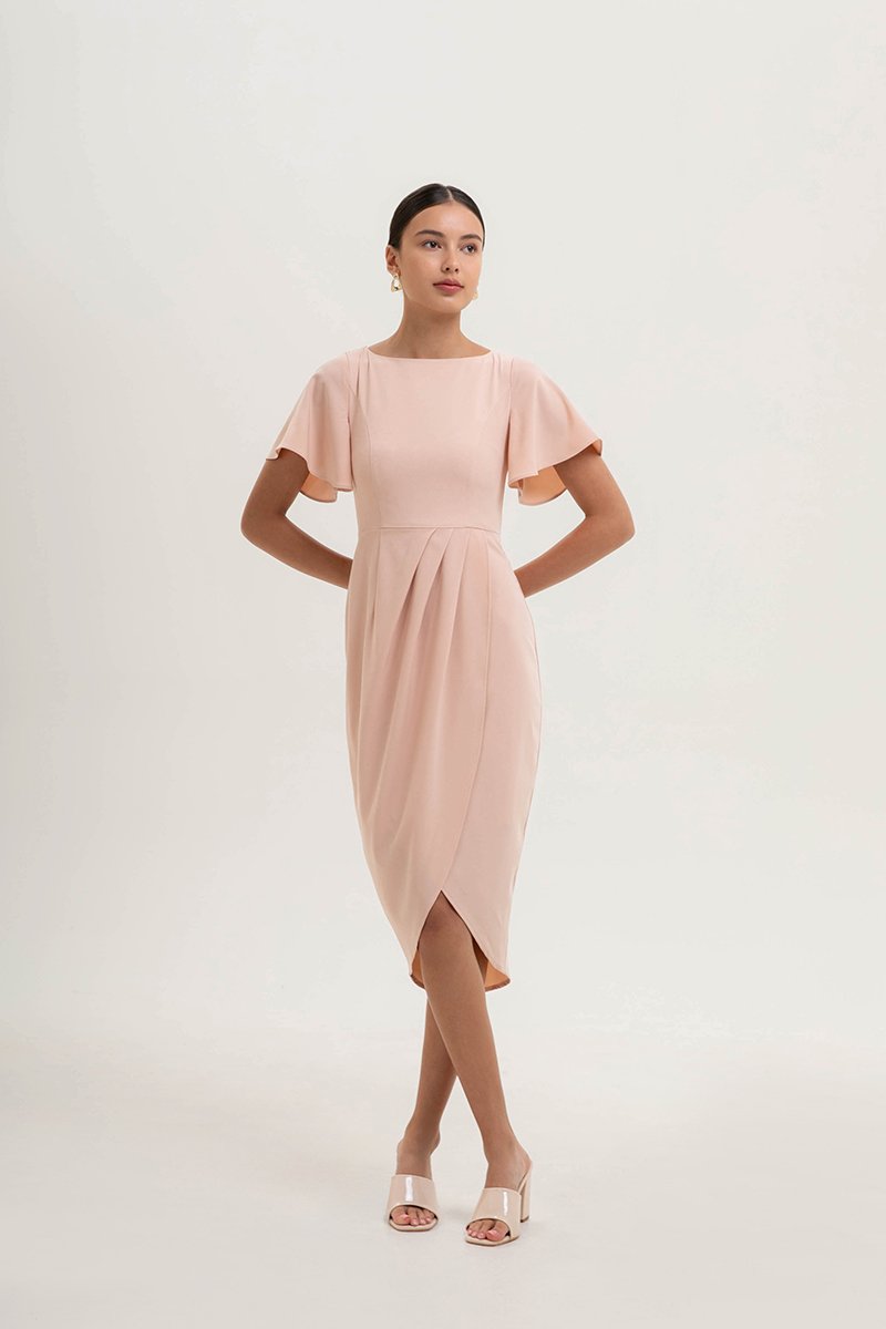 ALMEDA FLUTTER SLEEVED TULIP WRAP MIDI DRESS