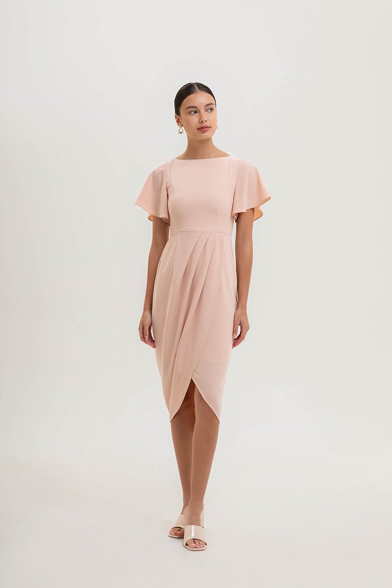 ALMEDA FLUTTER SLEEVED TULIP WRAP MIDI DRESS