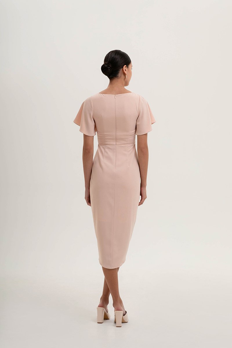 ALMEDA FLUTTER SLEEVED TULIP WRAP MIDI DRESS