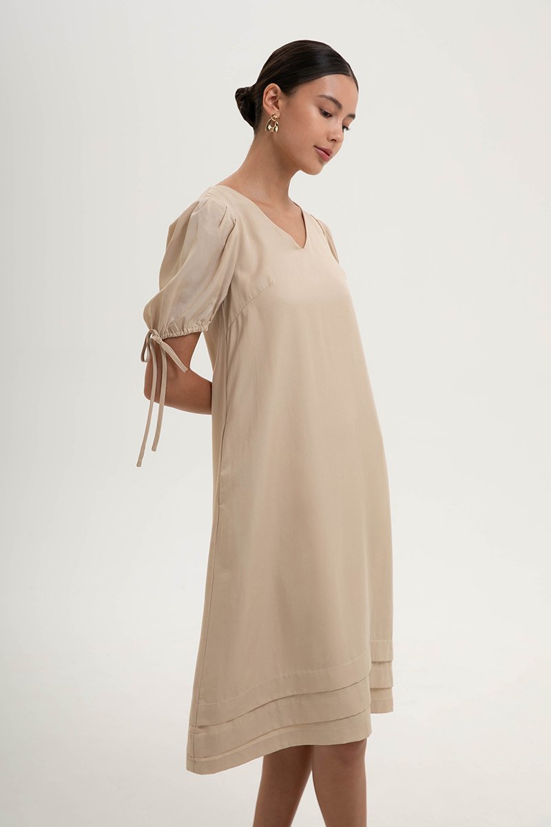 URSA V NECK TIE SLEEVES MIDI DRESS W SASH