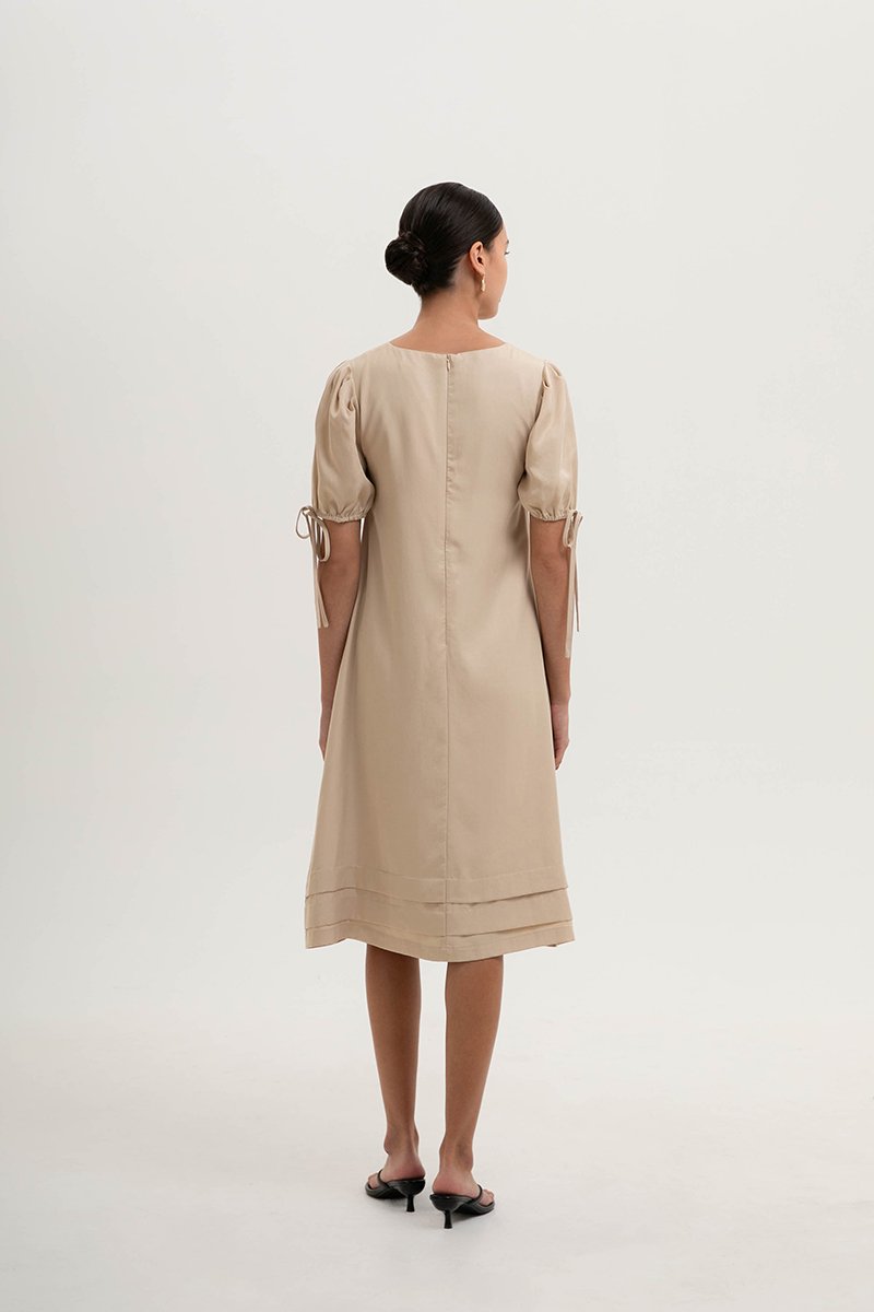 URSA V NECK TIE SLEEVES MIDI DRESS W SASH