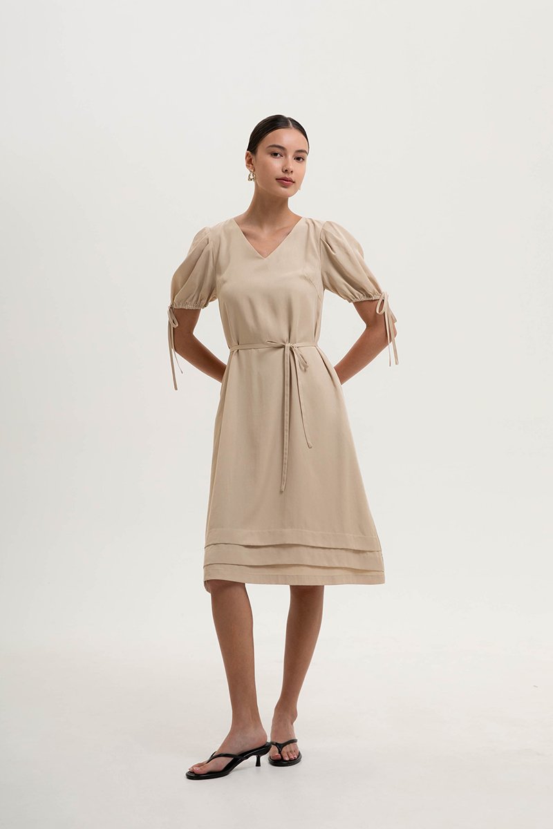 URSA V NECK TIE SLEEVES MIDI DRESS W SASH