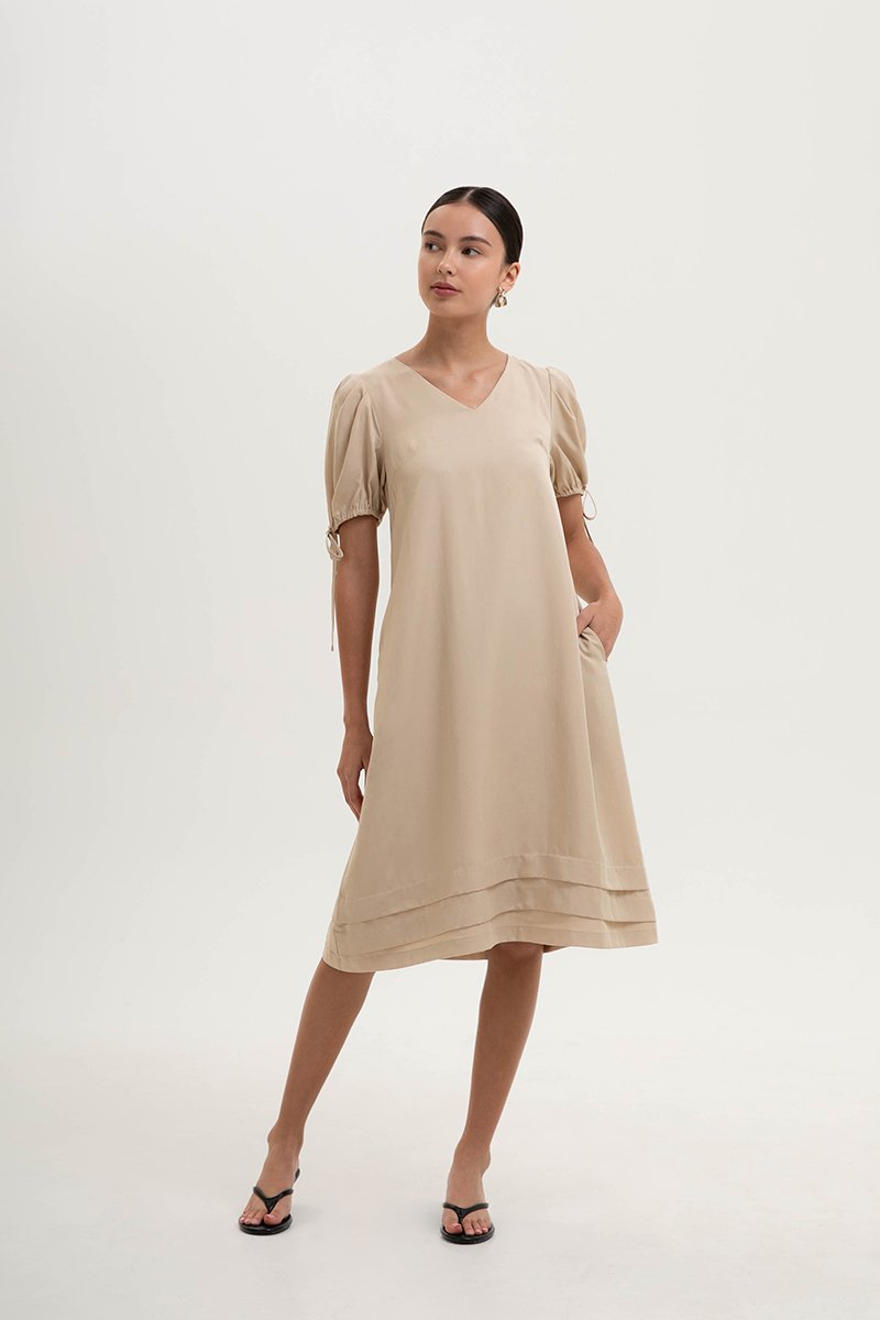 URSA V NECK TIE SLEEVES MIDI DRESS W SASH