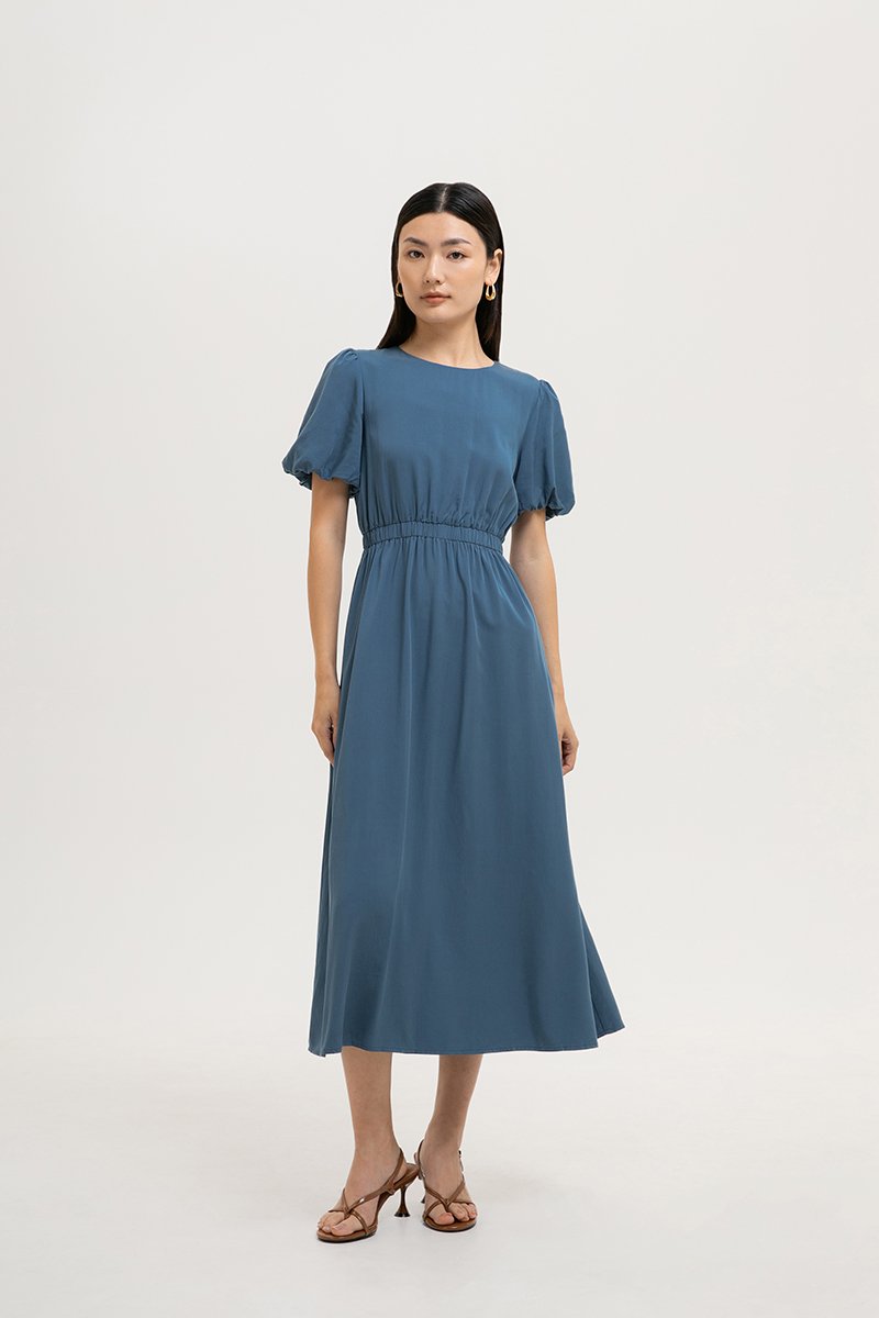 ABA PUFF SLEEVE ELASTIC TENCEL DRESS