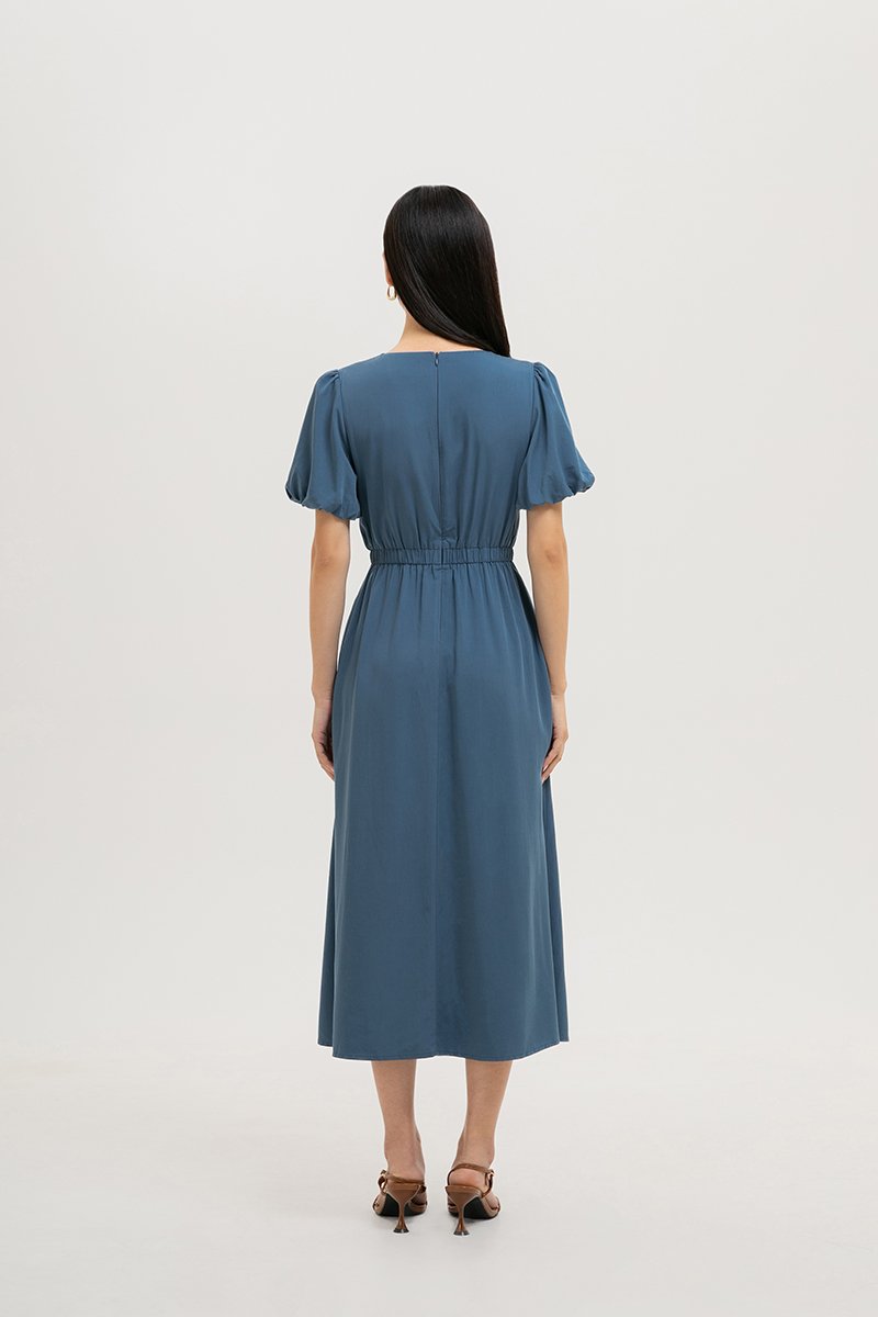 ABA PUFF SLEEVE ELASTIC TENCEL DRESS
