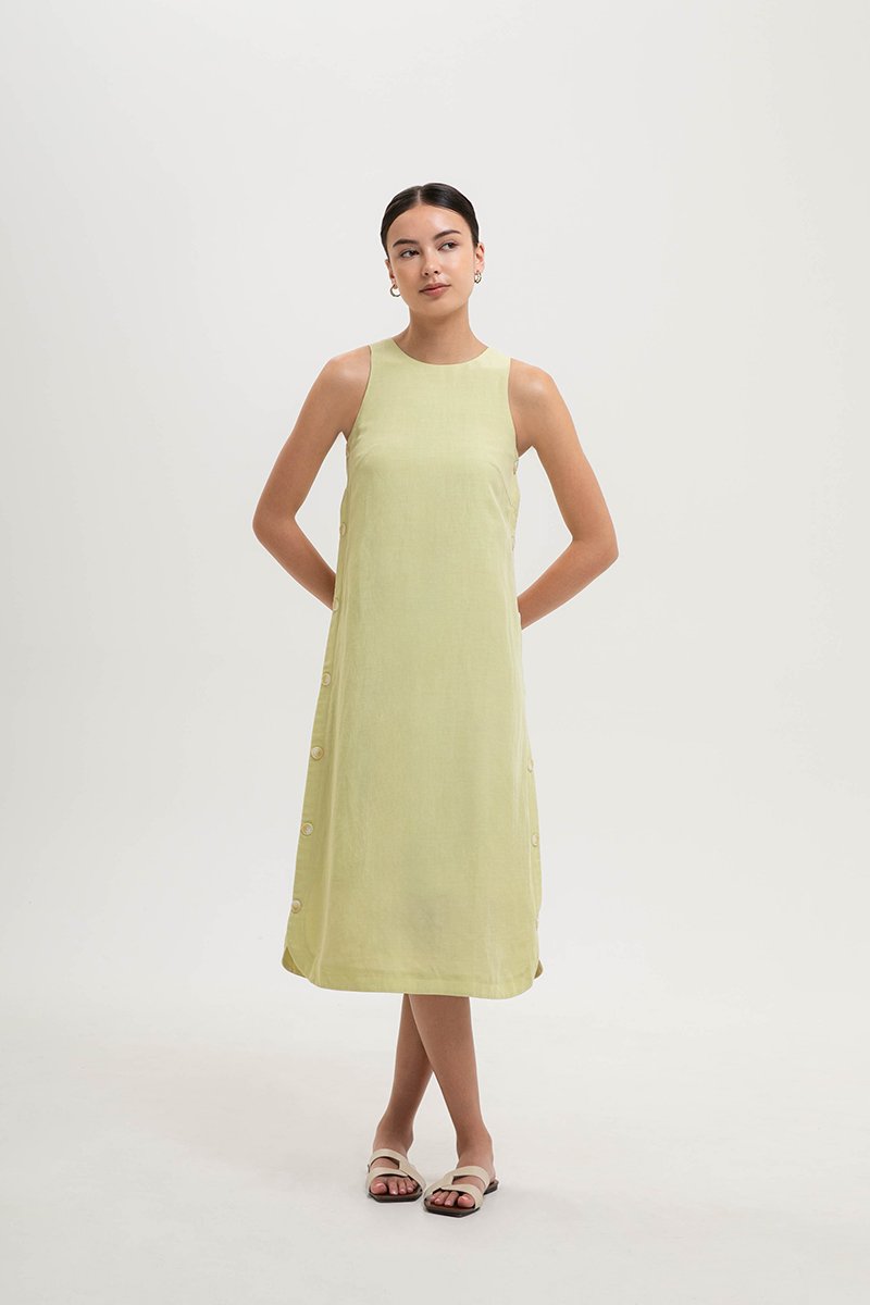BRYNNA COLUMN LINEN DRESS W SIDE BUTTONS