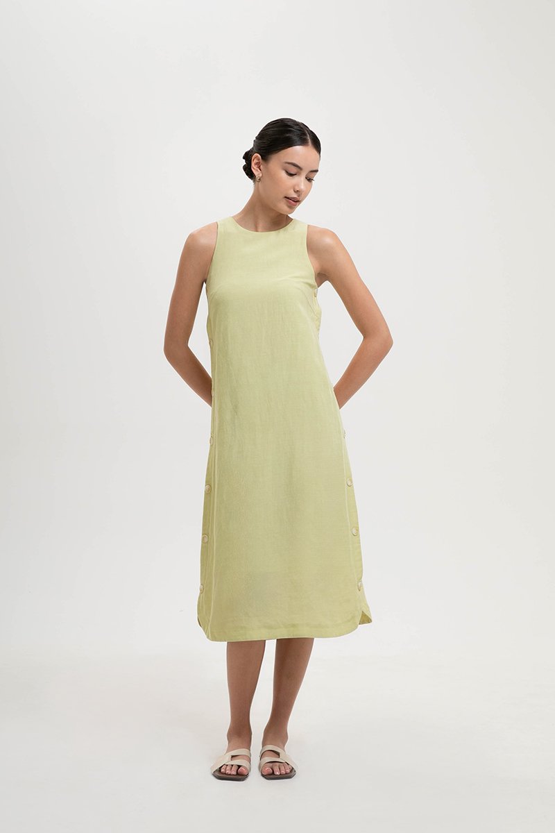 BRYNNA COLUMN LINEN DRESS W SIDE BUTTONS