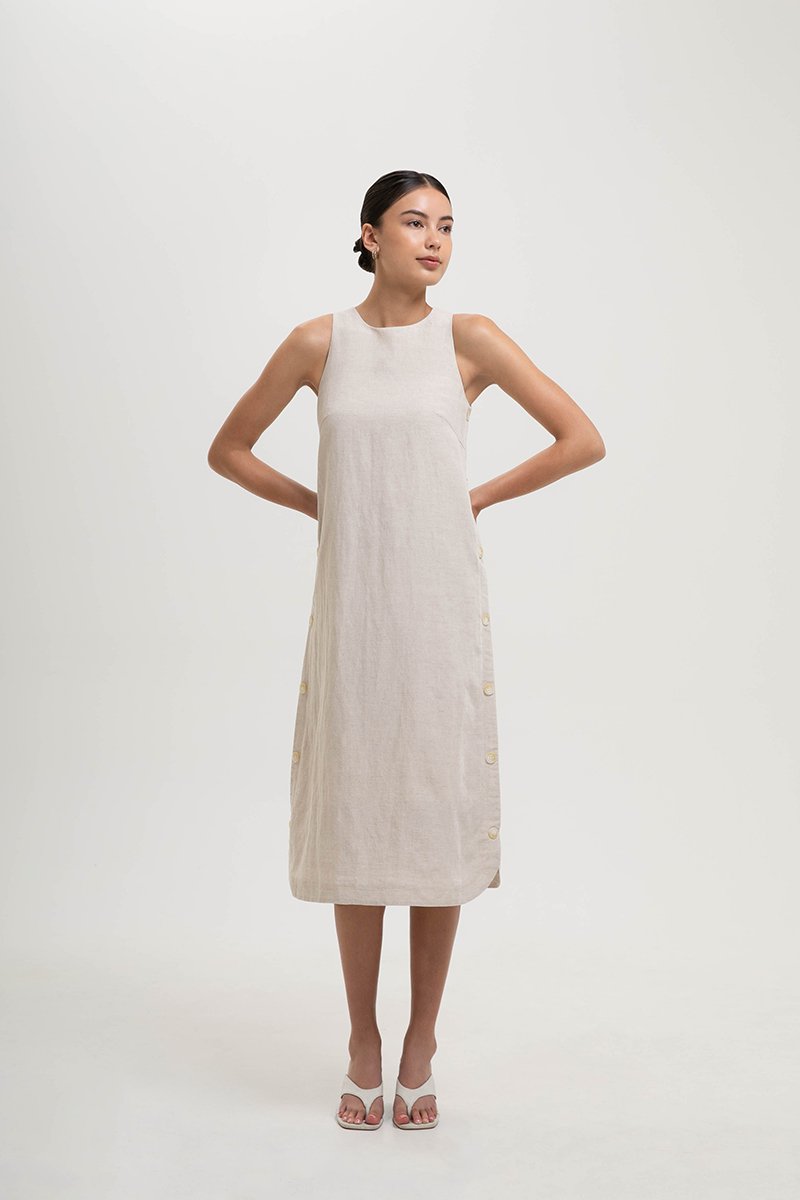 BRYNNA COLUMN LINEN DRESS W SIDE BUTTONS