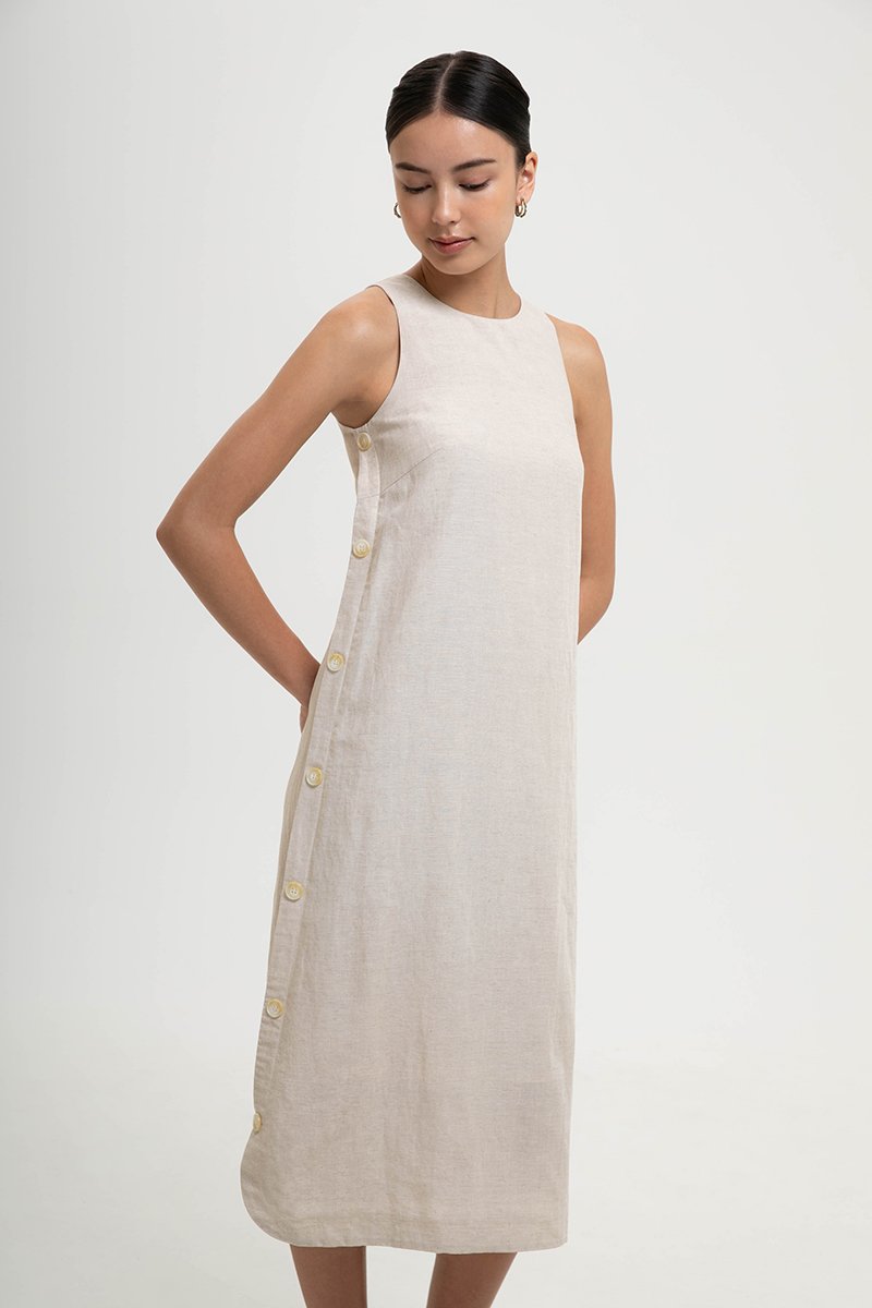 BRYNNA COLUMN LINEN DRESS W SIDE BUTTONS