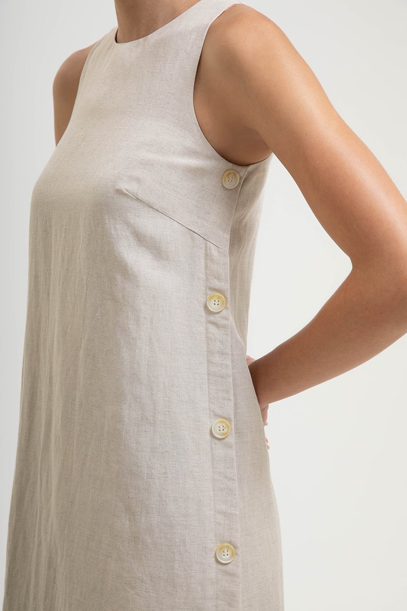 BRYNNA COLUMN LINEN DRESS W SIDE BUTTONS