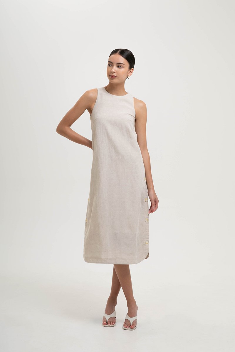 BRYNNA COLUMN LINEN DRESS W SIDE BUTTONS