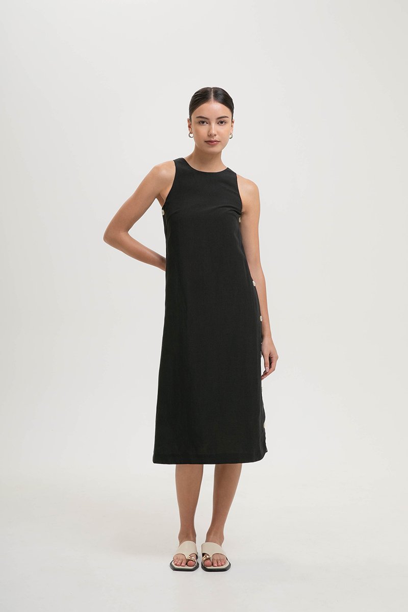 BRYNNA COLUMN LINEN DRESS W SIDE BUTTONS