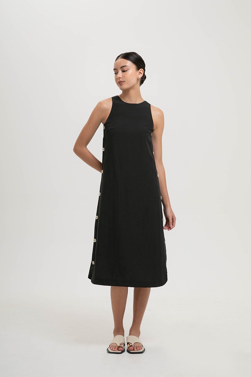 BRYNNA COLUMN LINEN DRESS W SIDE BUTTONS