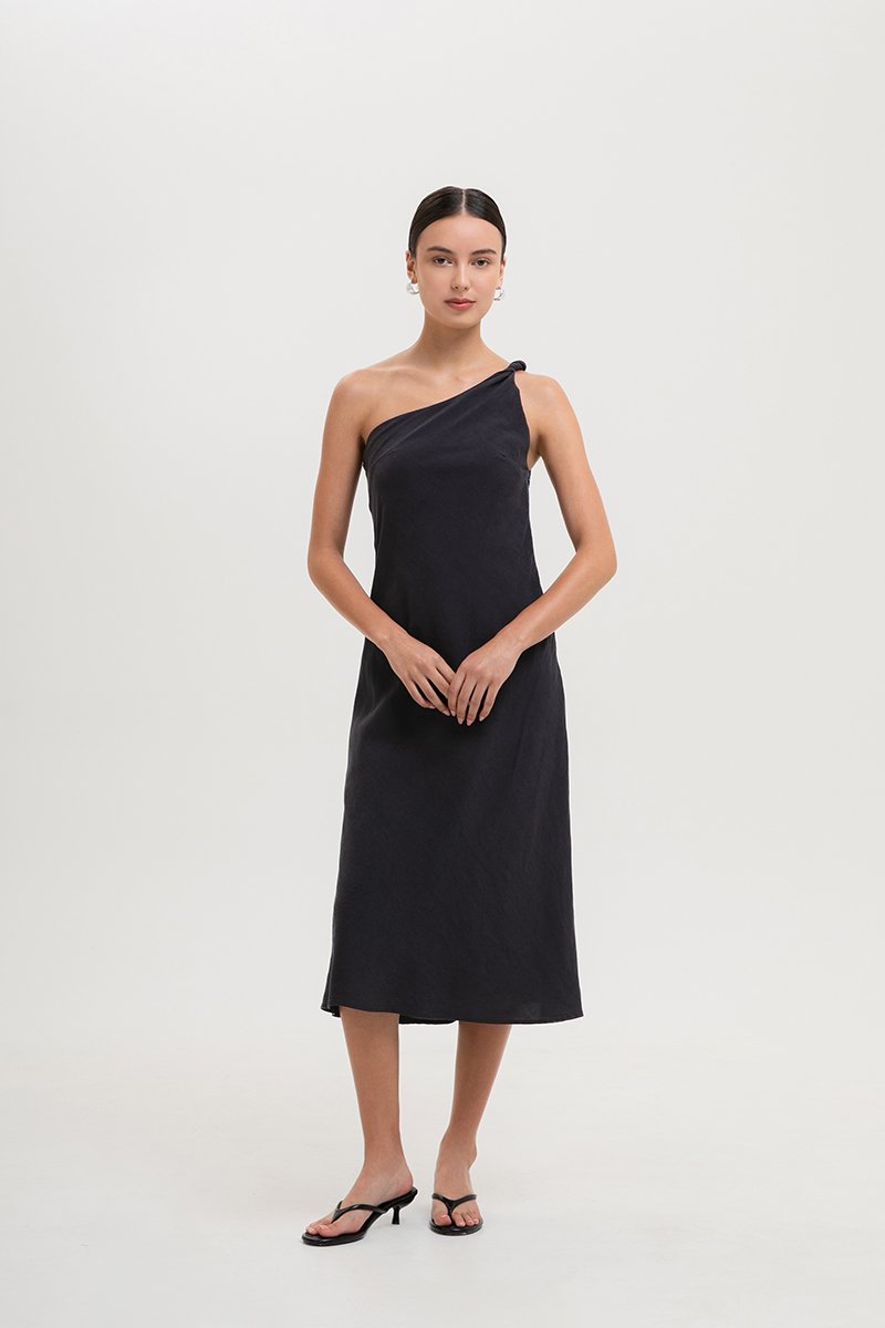 MELISSA ONE SHOULDER BIAS LINEN DRESS