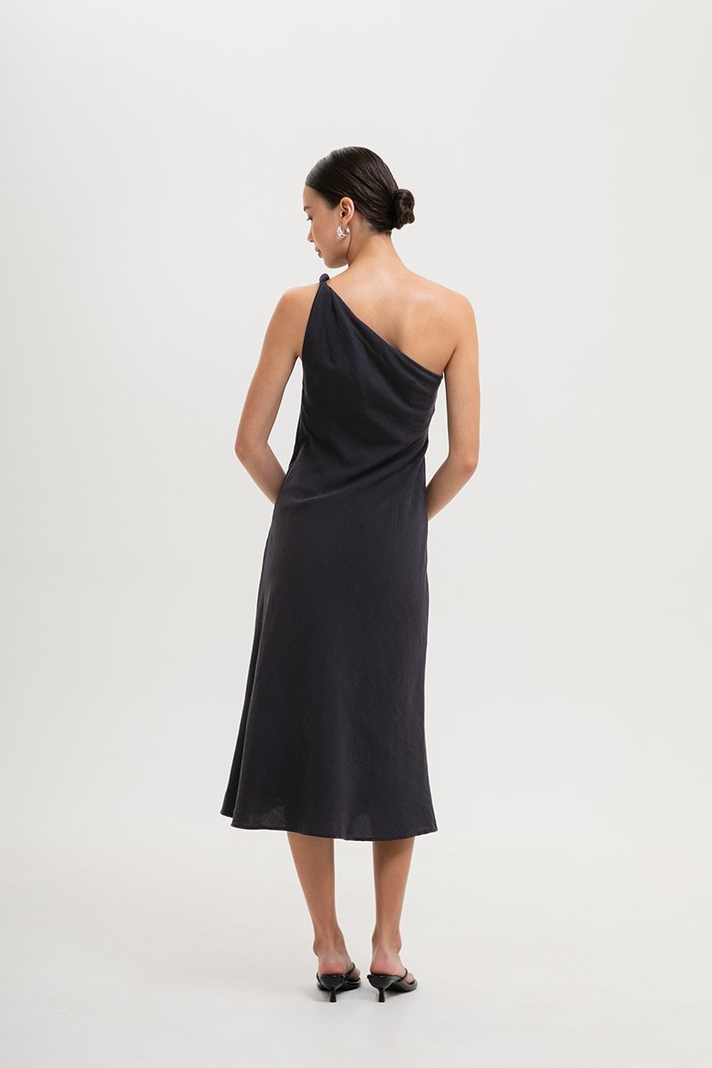 MELISSA ONE SHOULDER BIAS LINEN DRESS