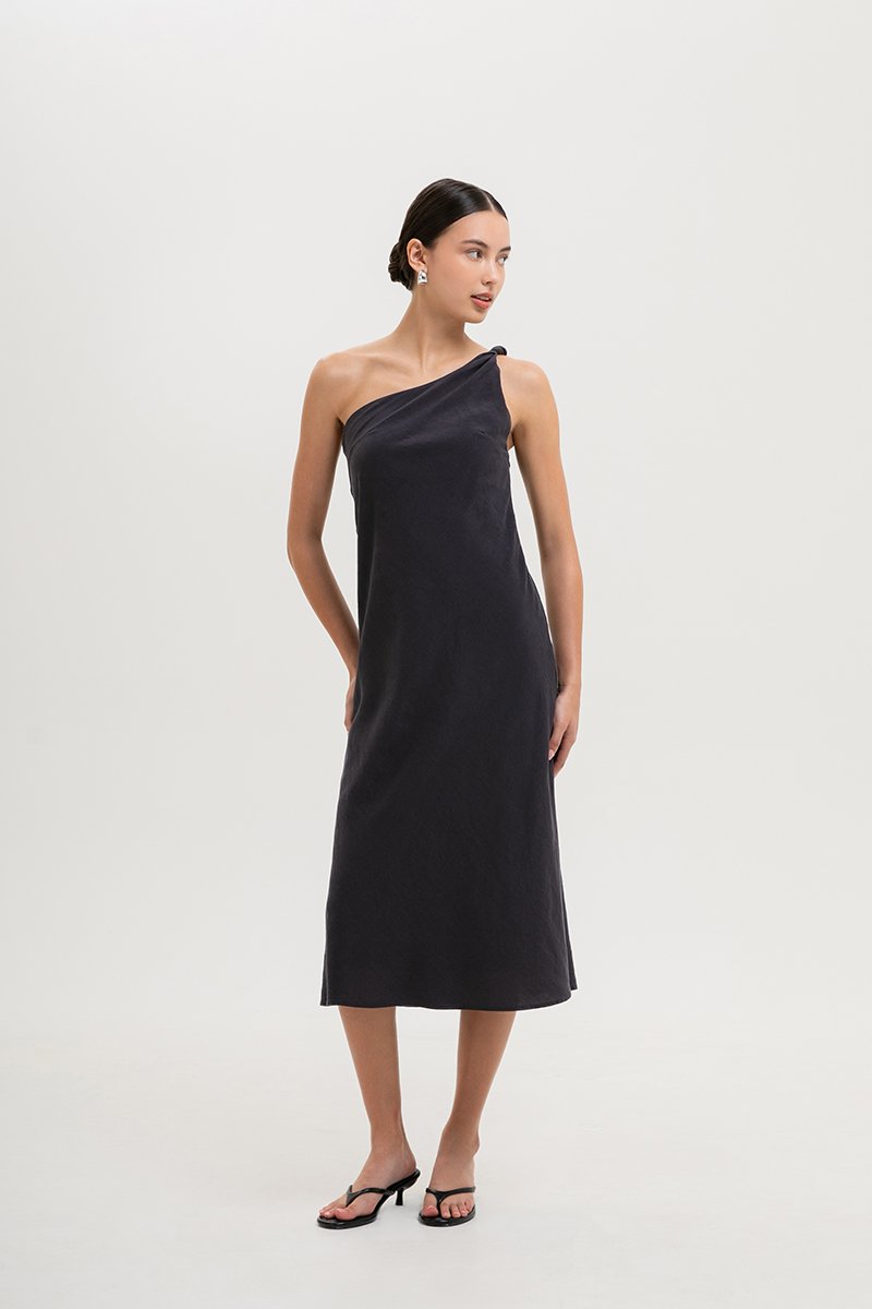 MELISSA ONE SHOULDER BIAS LINEN DRESS