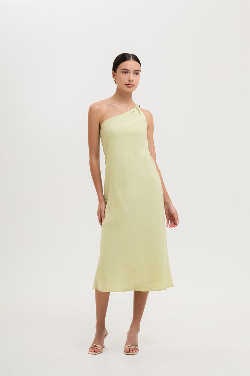 MELISSA ONE SHOULDER BIAS LINEN DRESS