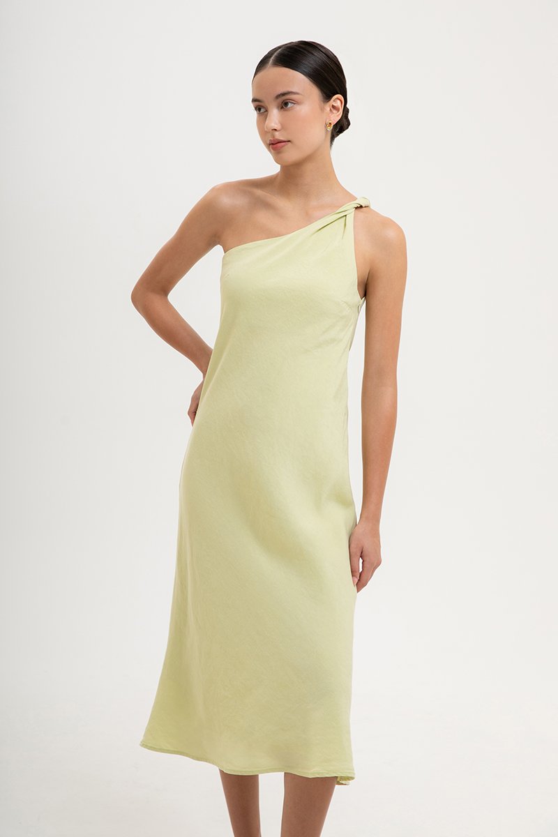 MELISSA ONE SHOULDER BIAS LINEN DRESS
