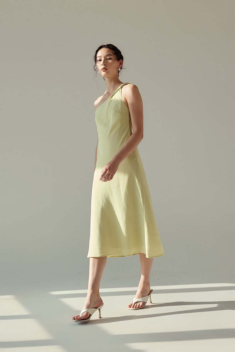 MELISSA ONE SHOULDER BIAS LINEN DRESS