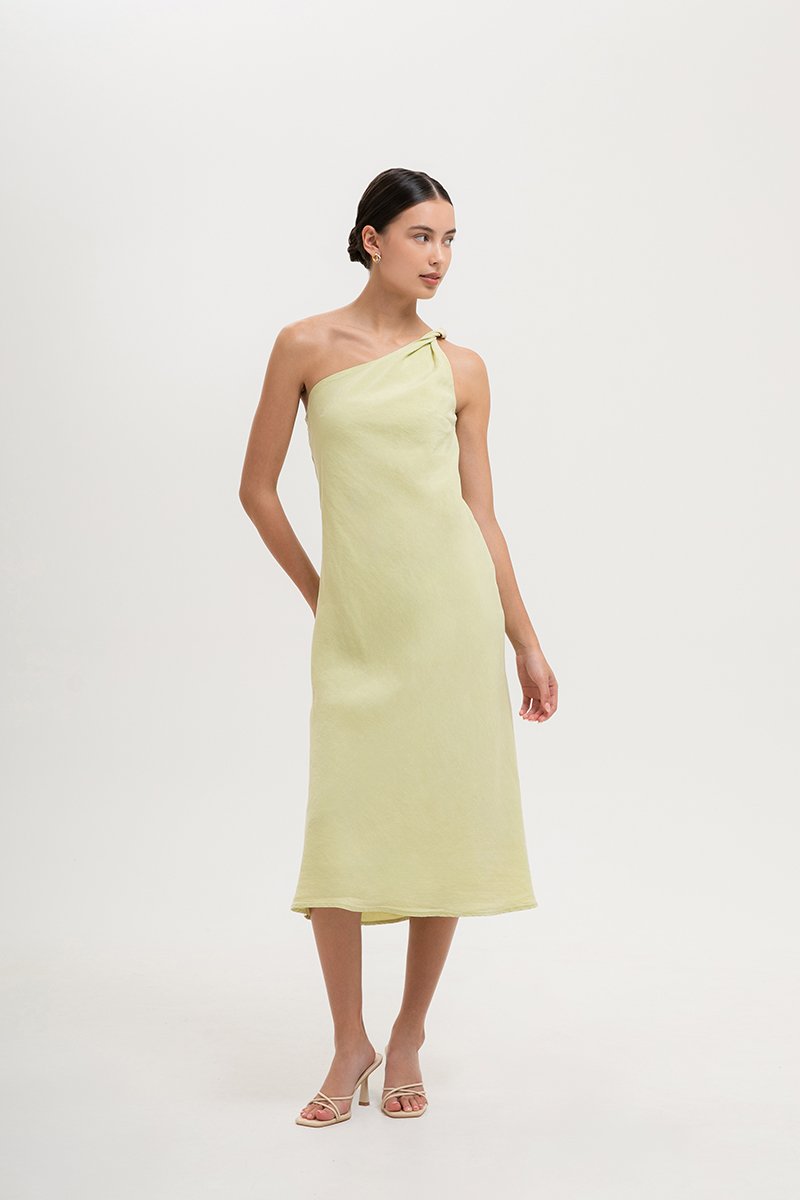 MELISSA ONE SHOULDER BIAS LINEN DRESS